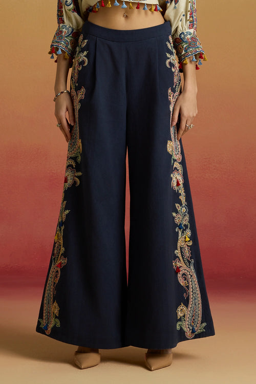 Indigo Contrast Paisley Flared Amaryllis Pants