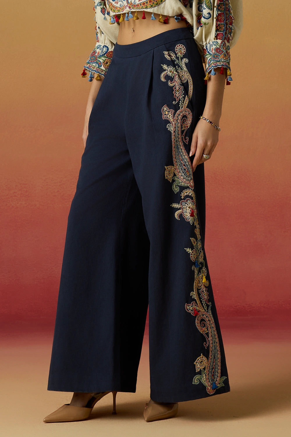 Indigo Contrast Paisley Flared Amaryllis Pants