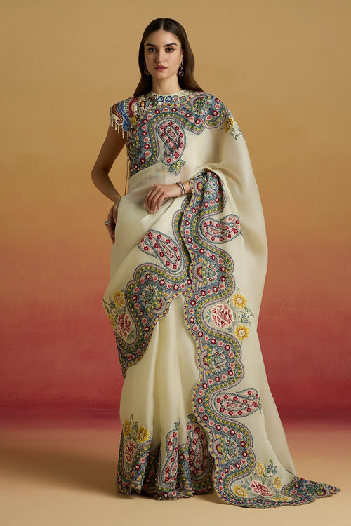 Ivory Cordwork Paisley Amaryllis Saree