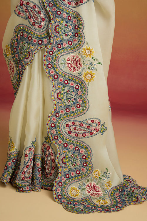 Ivory Cordwork Paisley Amaryllis Saree