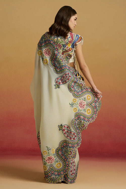 Ivory Cordwork Paisley Amaryllis Saree