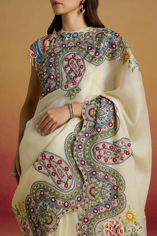 Ivory Cordwork Paisley Amaryllis Saree