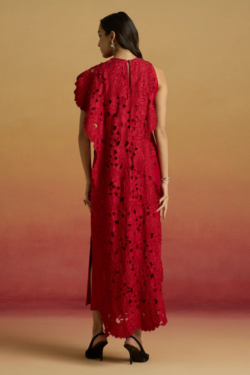 Red Drape Detail Straight Amaryllis Dress