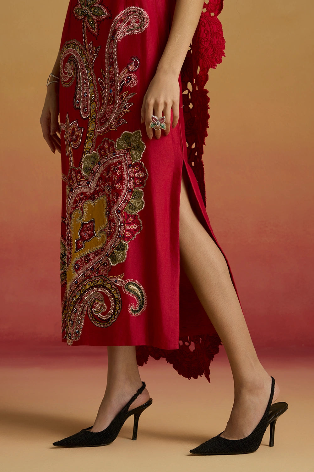 Red Drape Detail Straight Amaryllis Dress