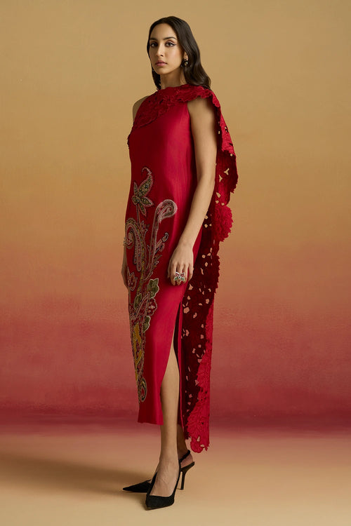 Red Drape Detail Straight Amaryllis Dress