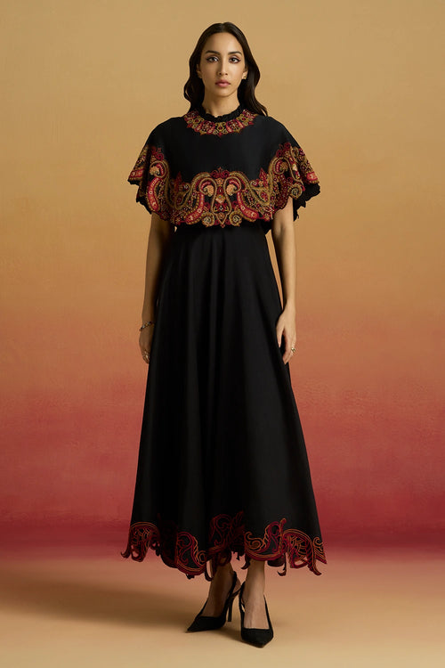 Black Cape Flounce Amaryllis Dress