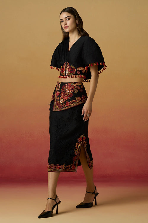 Black Pleated Corset Amaryllis Top with Assymetric Layered Skirt