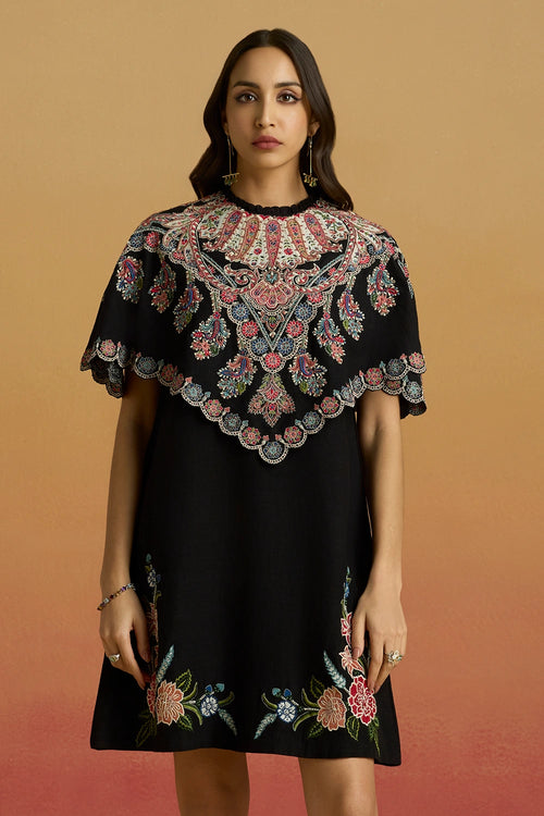 Black Applique Cape Short Amaryllis Dress