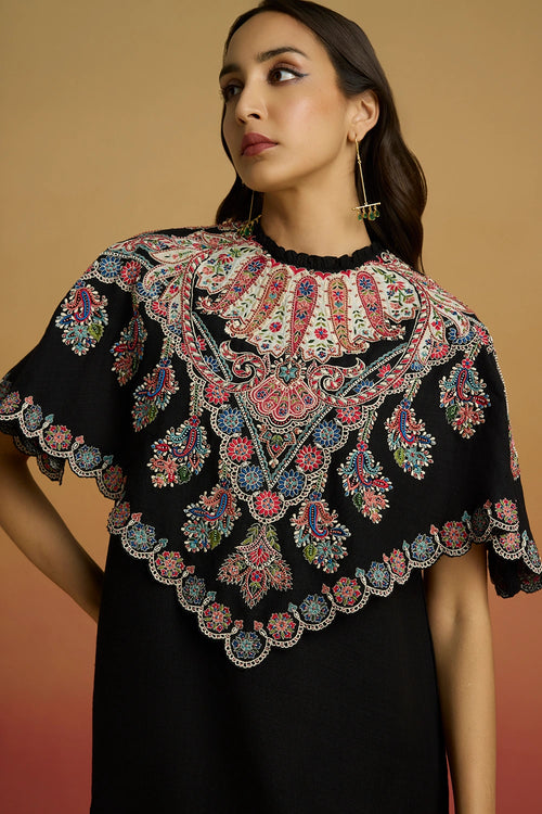 Black Applique Cape Short Amaryllis Dress