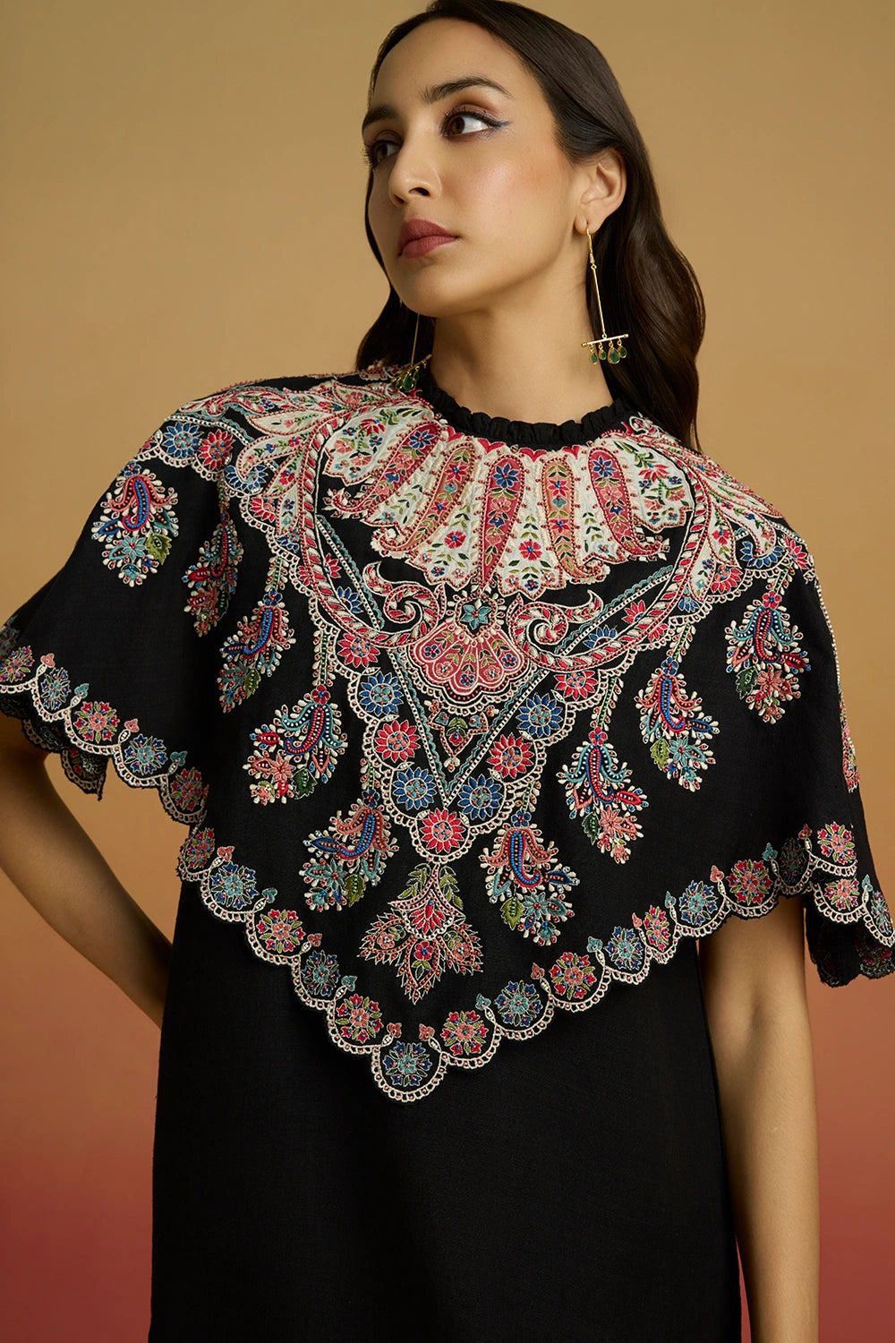 Black Applique Cape Short Amaryllis Dress