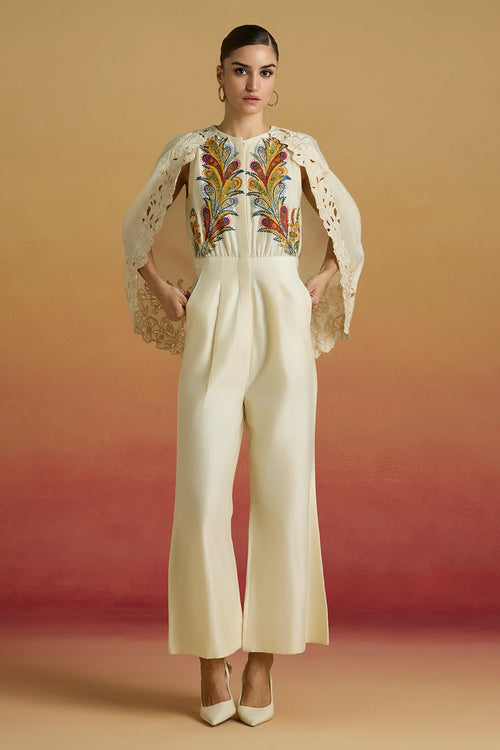 Ivory Embroidered Cape Amaryllis Jumpsuit
