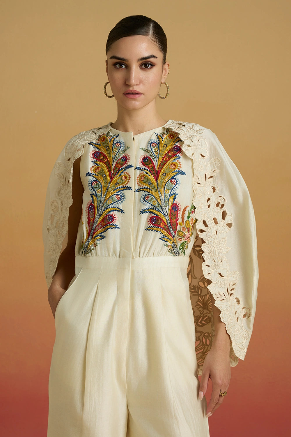 Ivory Embroidered Cape Amaryllis Jumpsuit