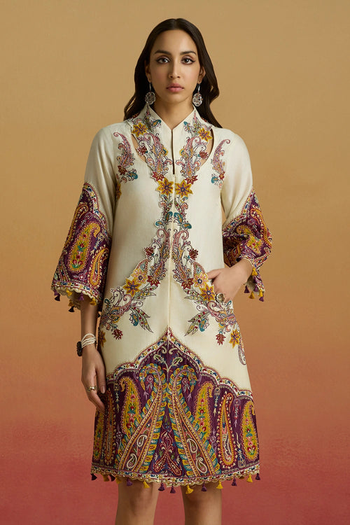 Ivory and Plum Colourblock Paisley Amaryllis Dress