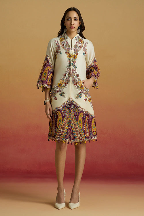 Ivory and Plum Colourblock Paisley Amaryllis Dress