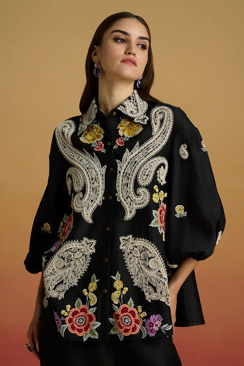 Black Contrast Paisley Amaryllis Shirt