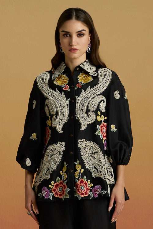 Black Contrast Paisley Amaryllis Shirt