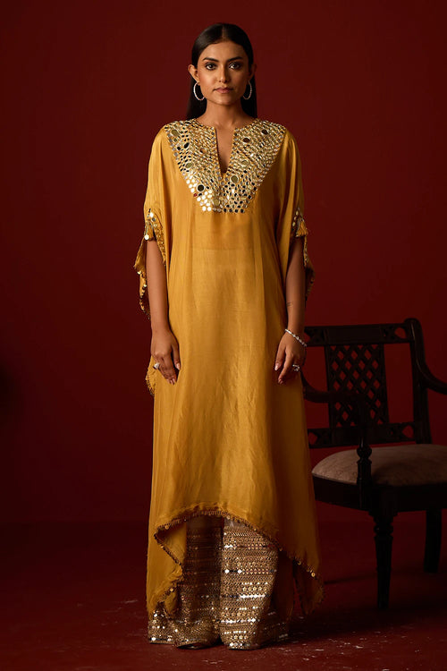 Golden Yellow Tissue Mirror Work Kaftan
