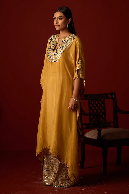 Golden Yellow Tissue Mirror Work Kaftan