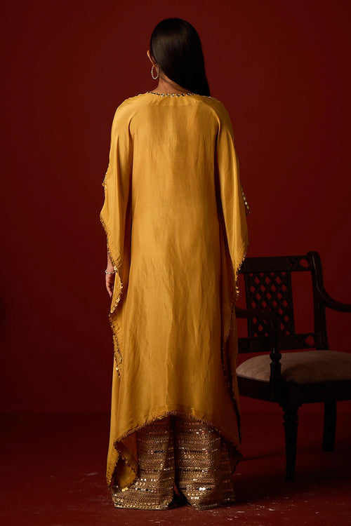 Golden Yellow Tissue Mirror Work Kaftan
