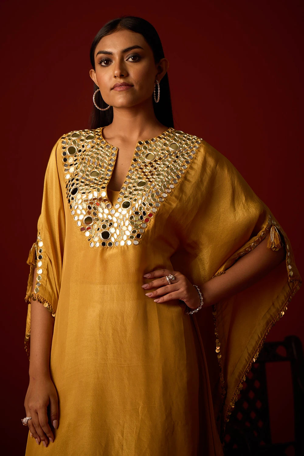 Golden Yellow Tissue Mirror Work Kaftan Set