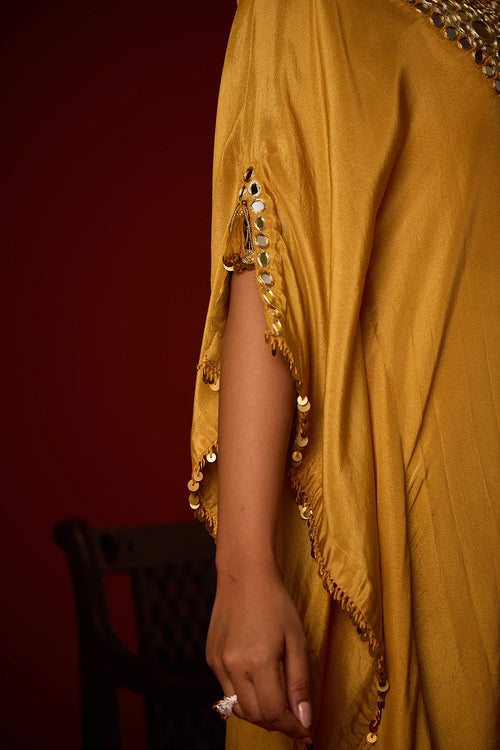 Golden Yellow Tissue Mirror Work Kaftan