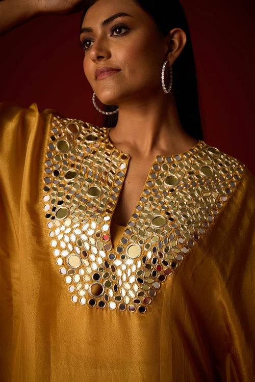Golden Yellow Tissue Mirror Work Kaftan