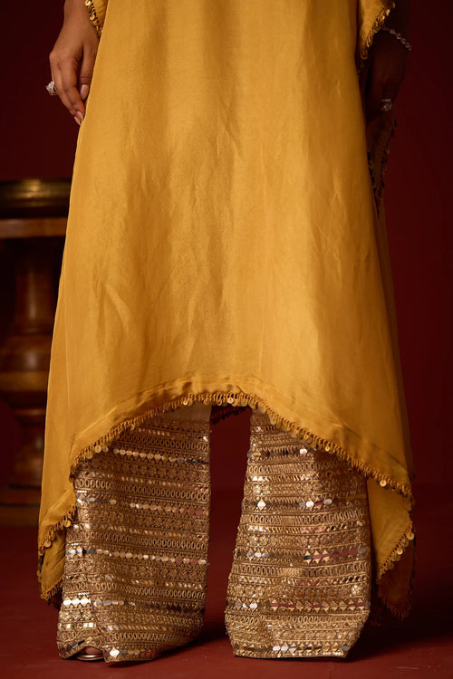 Golden Yellow Tissue Mirror Work Kaftan Set