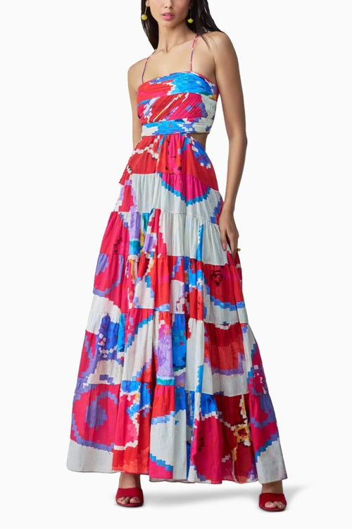 Hannah Ikat Tiered Flared Maxi Dress