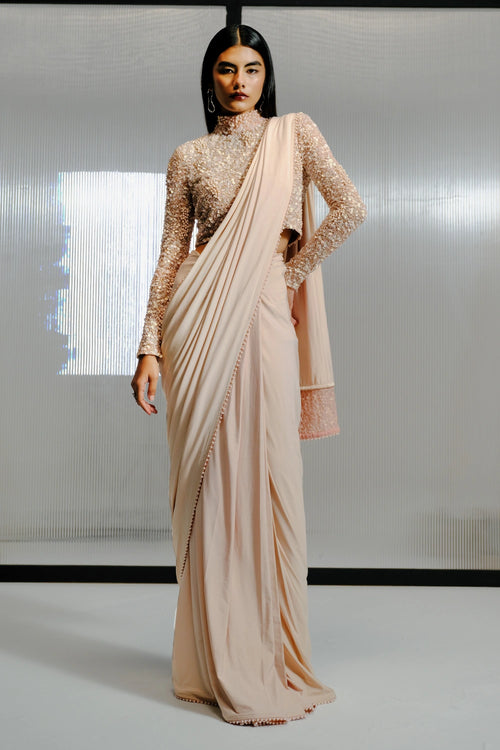 Blush Sparkle Embellished Saree with Sequin High-Neck Blouse