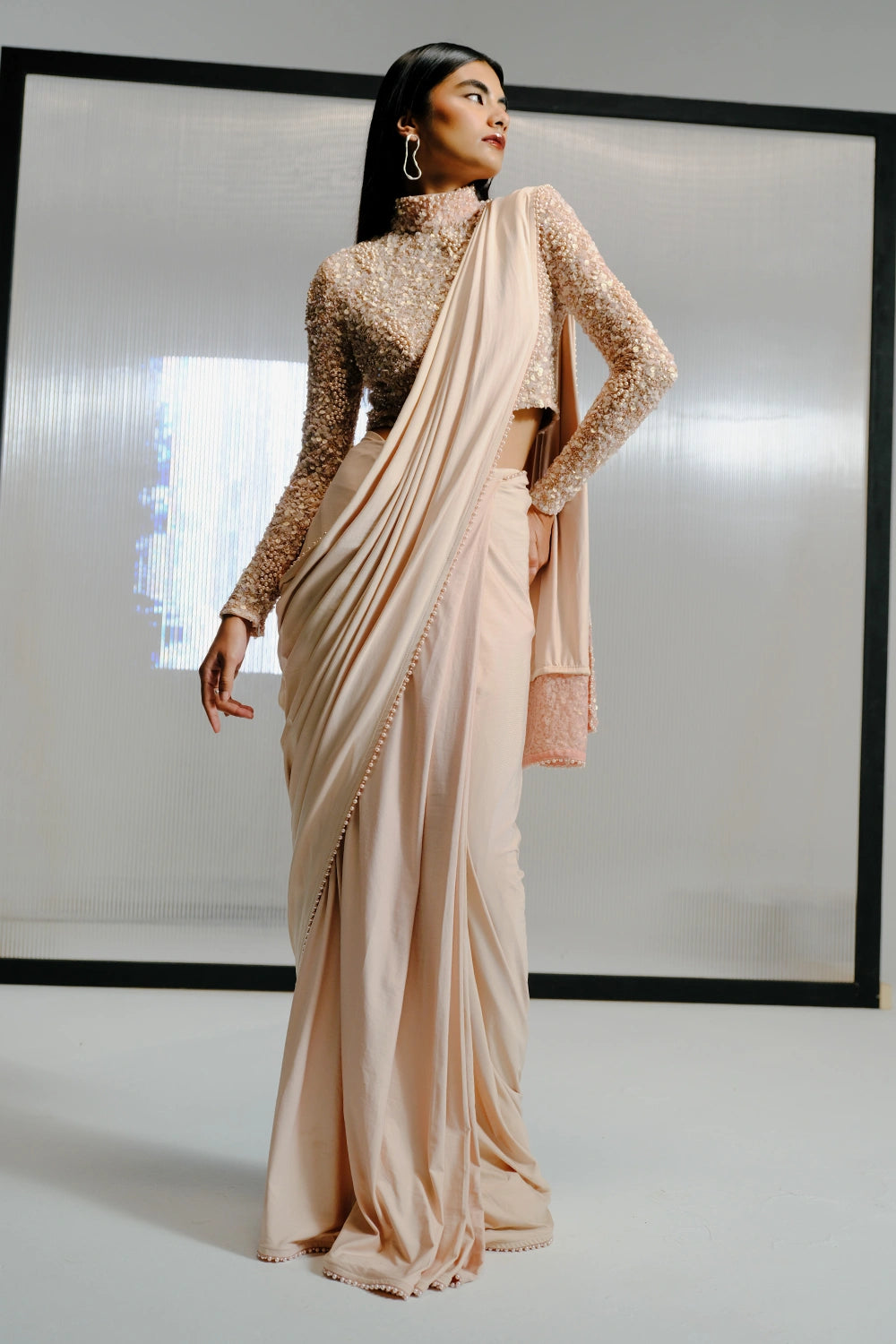 Pink Slinky Jersey Sequin Embellished Sari