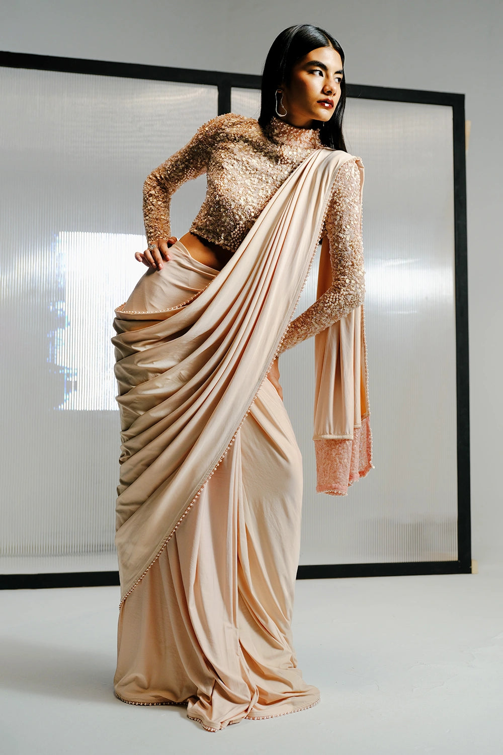 Blush Sparkle Embellished Saree with Sequin High-Neck Blouse