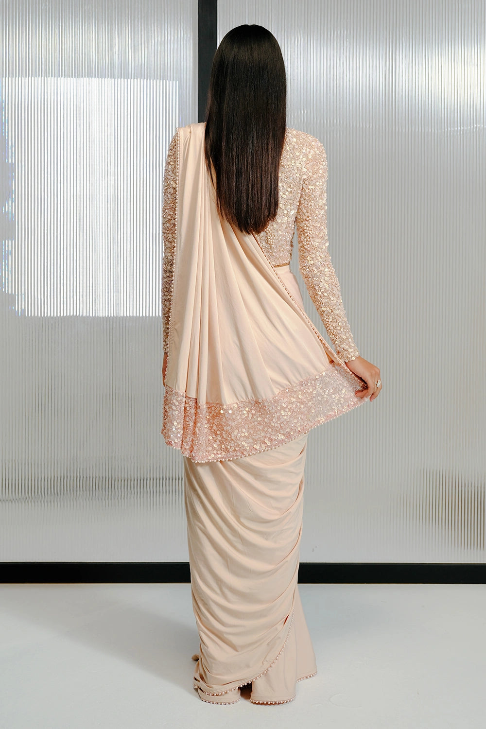 Blush Sparkle Embellished Saree with Sequin High-Neck Blouse