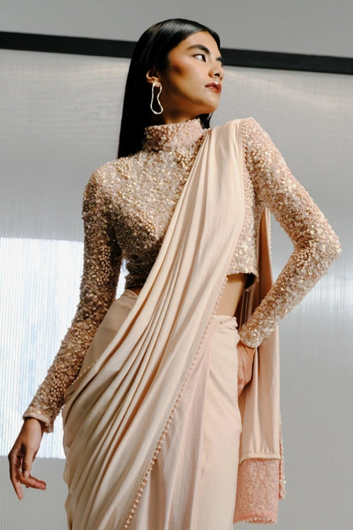 Blush Sparkle Embellished Saree with Sequin High-Neck Blouse