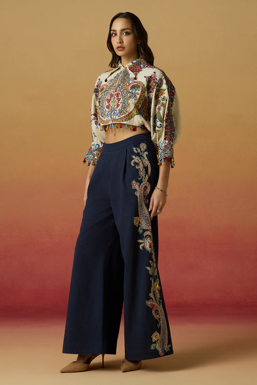 Ivory Kimono Bolero Amaryllis Jacket with Contrast Flared Amaryllis Pants