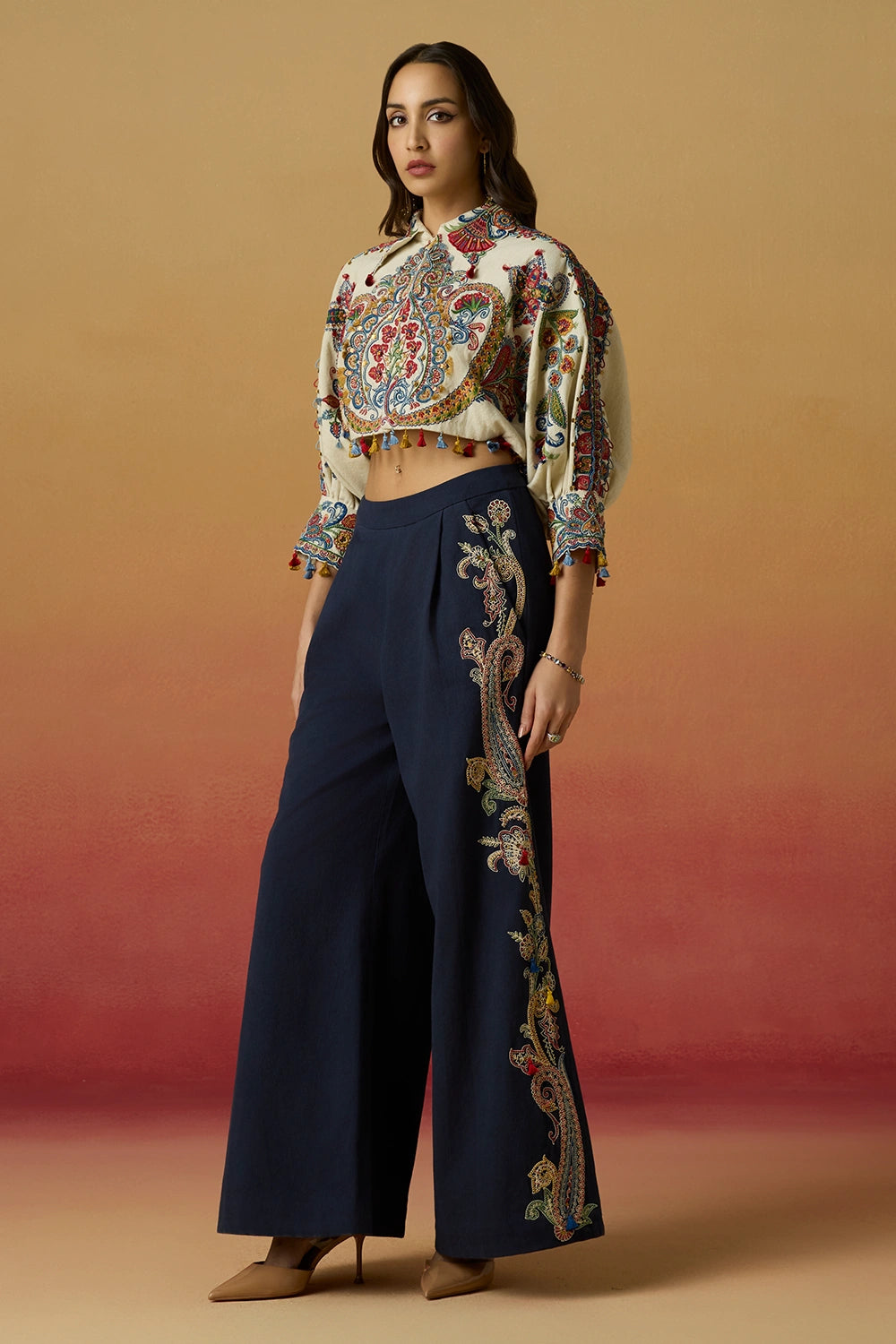 Ivory Kimono Bolero Amaryllis Jacket with Contrast Flared Amaryllis Pants