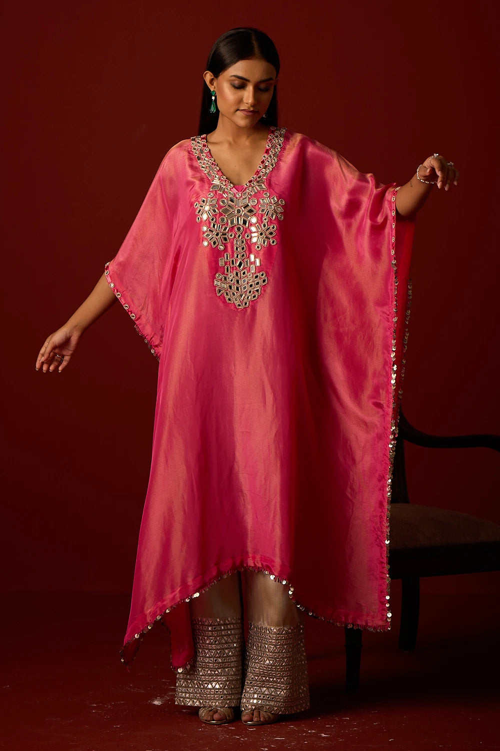 Rani Pink Tissue Mirror Work Kaftan