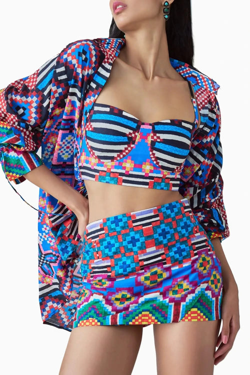 Sia Ikat Batwing Shirt, Bustier Blouse & Skort Set