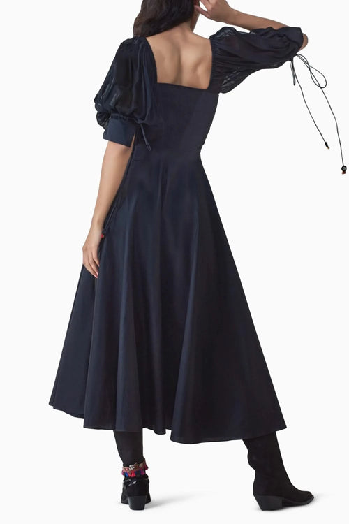 Kinni Black Flared Dress with Embroidered Balloon Sleeves