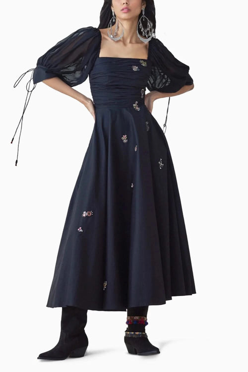 Kinni Black Flared Dress with Embroidered Balloon Sleeves