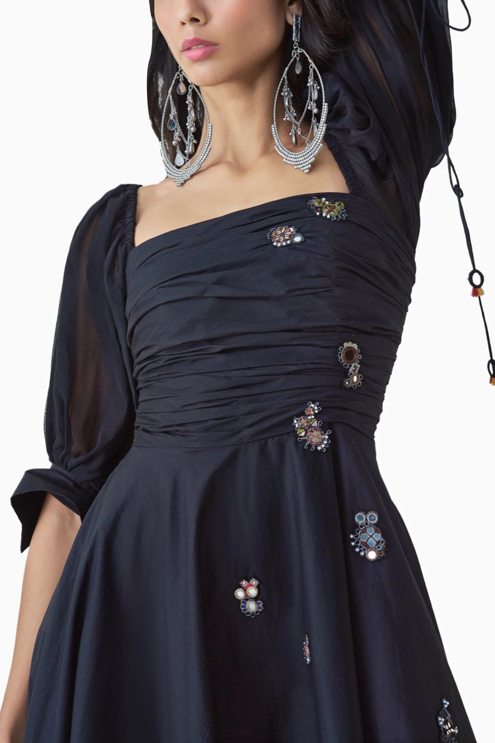 Kinni Black Flared Dress with Embroidered Balloon Sleeves