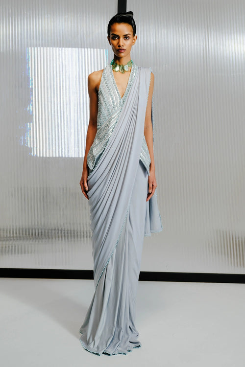Sky Blue Embellished Drape Saree with Sequins Blouse