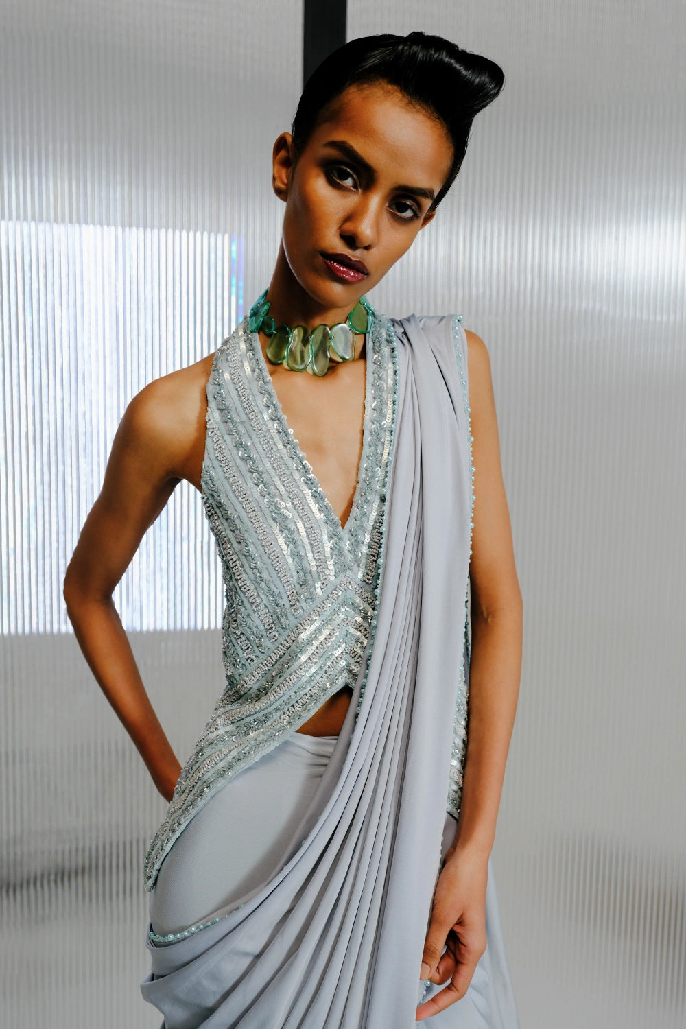 Sky Blue Embellished Drape Saree with Sequins Blouse