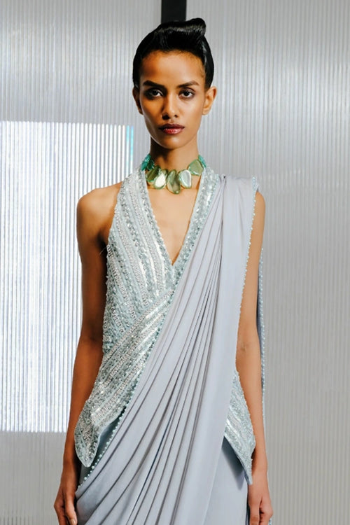 Blue Sequin-Bugle Bead Embroidered Halter Blouse