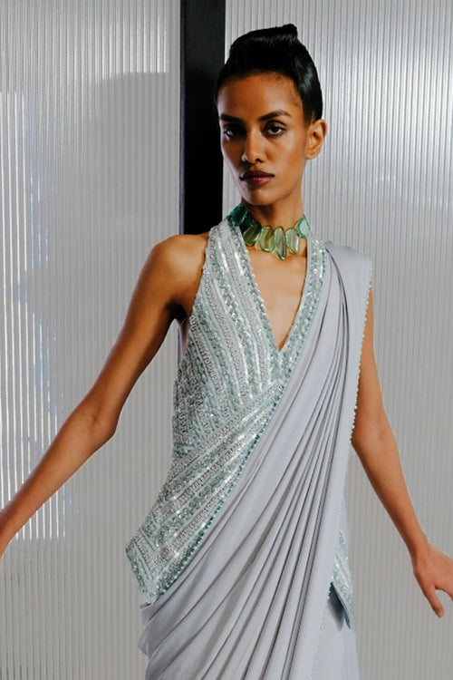 Blue Sequin-Bugle Bead Embroidered Halter Blouse