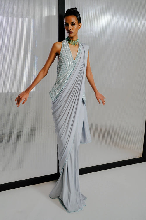 Sky Blue Embellished Drape Saree with Sequins Blouse