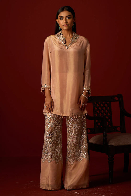 Blush Tissue Mirror Work Hi Neck Tunic Set