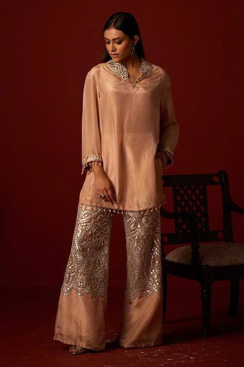 Blush Tissue Mirror Work Hi Neck Tunic Set
