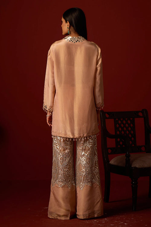Blush Tissue Mirror Work Hi Neck Tunic Set
