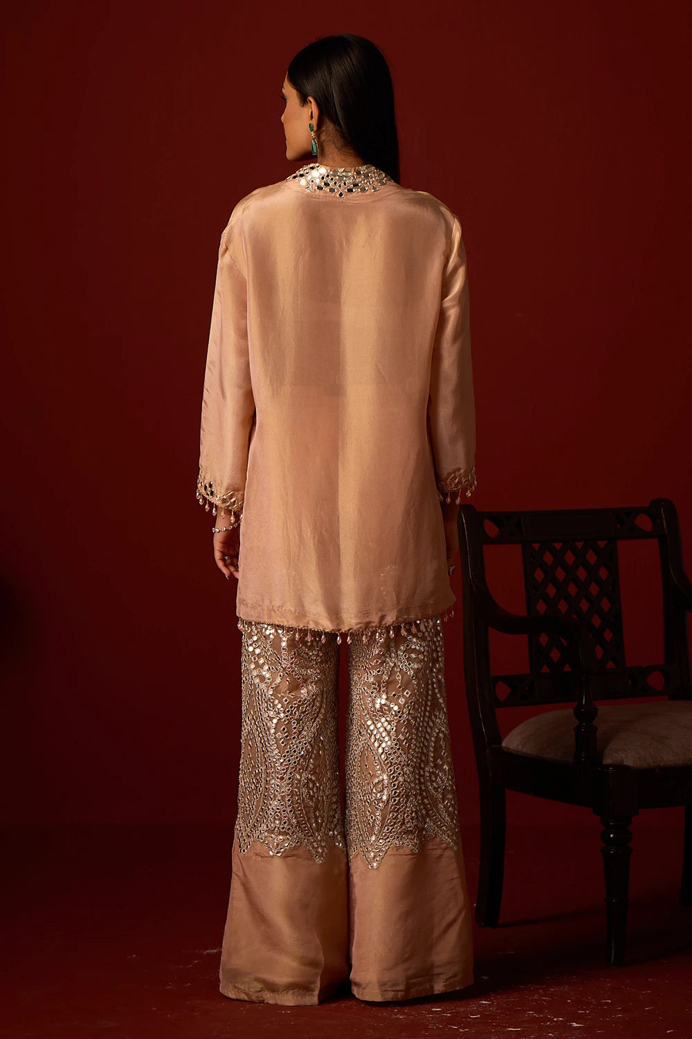 Blush Tissue Mirror Work Hi Neck Tunic Set
