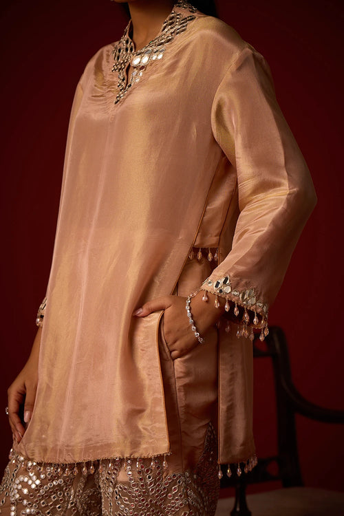 Blush Tissue Mirror Work Hi Neck Tunic Set